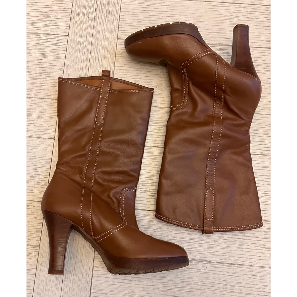 American Eagle Brown Leather Women Sz 9 Mi Calf Platform Heeled Boots Boho Retro